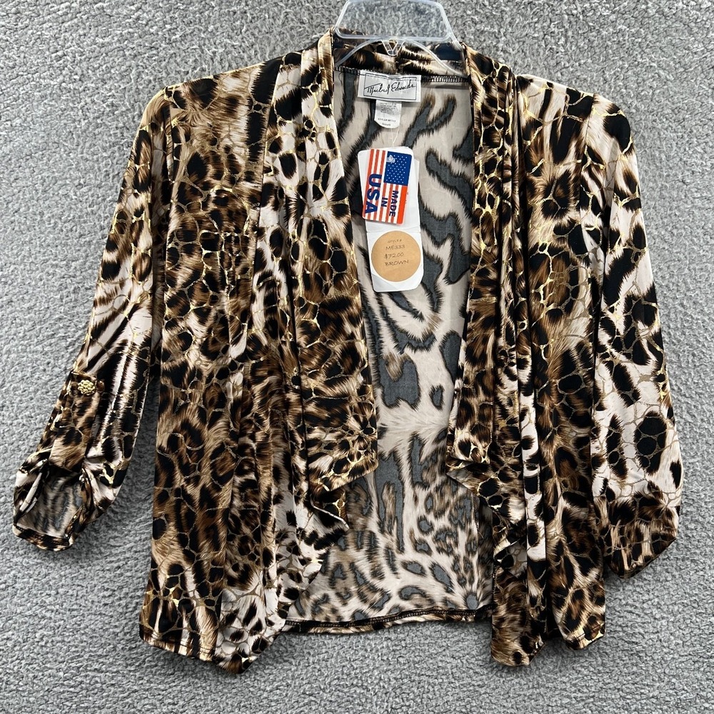 Leopard Metallic Cardigan Small Open Front Roll Tab Sleeves Glam NWT Statement